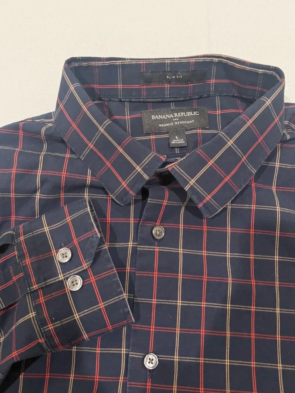 Banana Republic Slim Fit Wrinkle Resistant Plaid Button Up Shirt Men’s L Navy